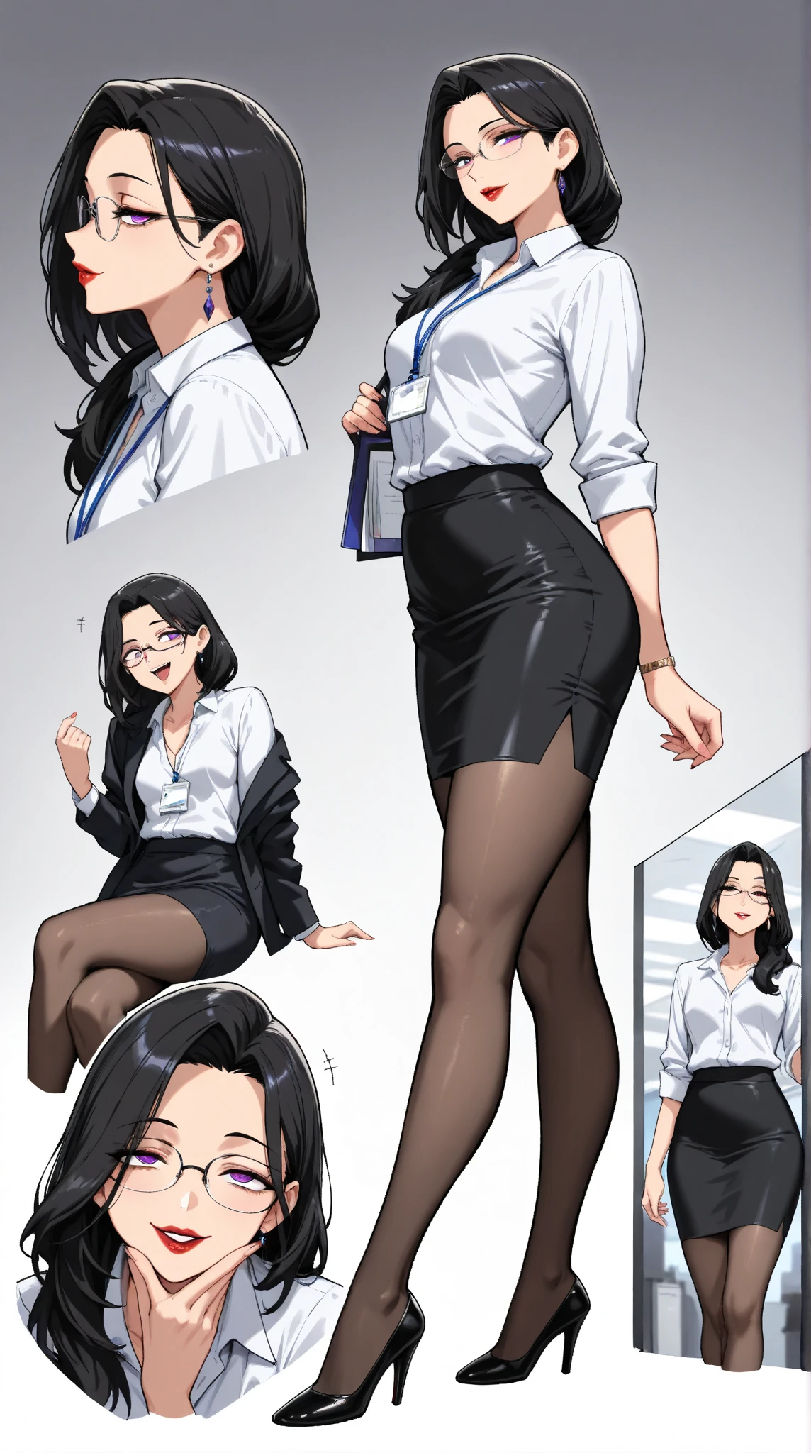  1 mature beautiful woman ,(masterpiece:1.3, top quality :1.3, very detailed depiction:1.3, incredible high resolution:1.3,High quality anime drawings),( office lady with straight black hair,An excellent female secretary,Villainess,Glasses),( business suit, tight skirt , formal shirt to accumulate strength, black tights, Luxurious Accessory , high heels),(Purple Eyes, Crazy Eyes , half-closed eyes:1.5, small breasts, wicked smile, glossy red lips ,Seductive gestures,Beautiful legs, healthy legs,Curvaceous Body,High quality skin),Full body images:1.3,