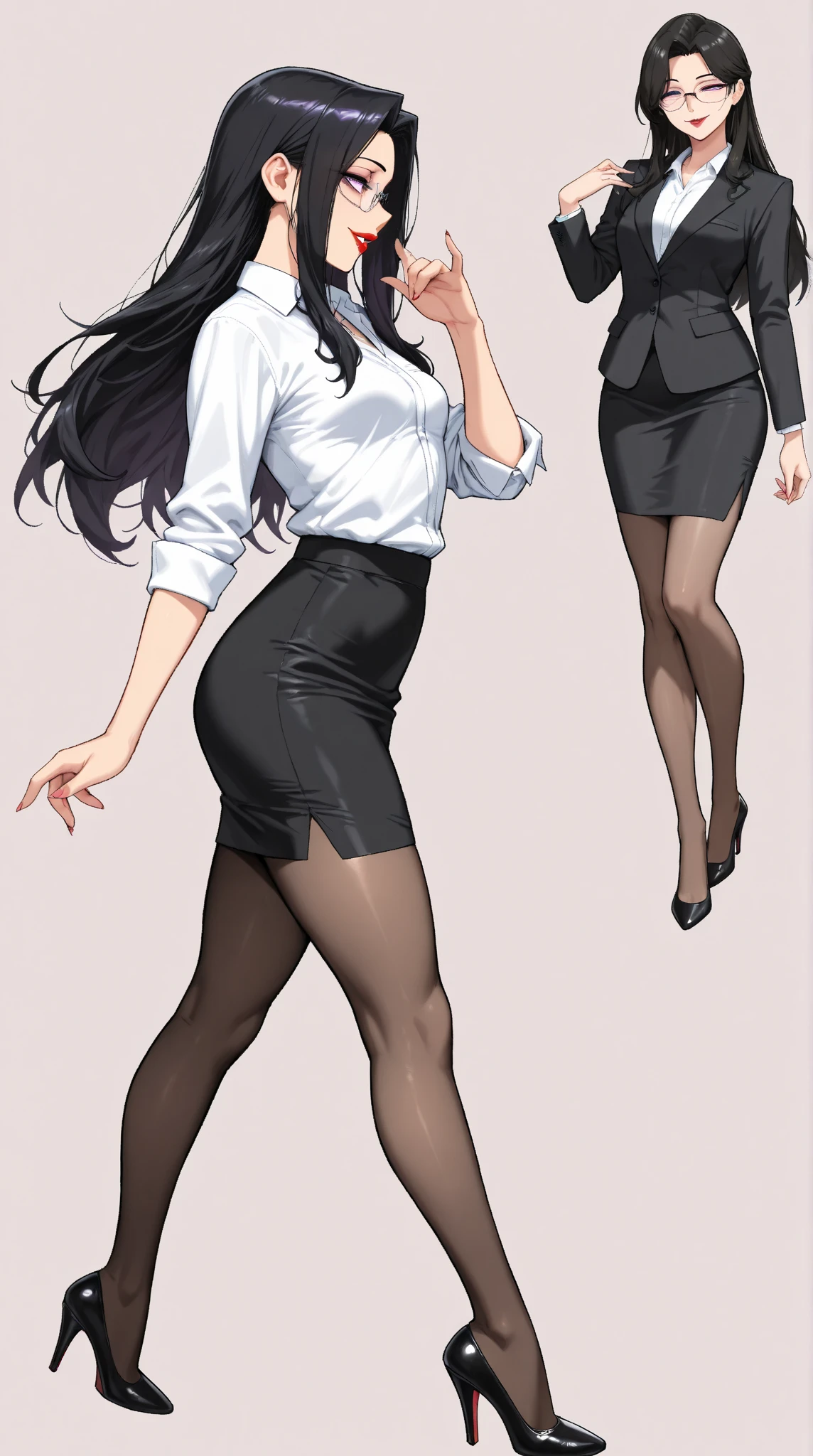  1 mature beautiful woman ,(masterpiece:1.3, top quality :1.3, very detailed depiction:1.3, incredible high resolution:1.3,High quality anime drawings),( office lady with straight black hair,An excellent female secretary,Villainess,Glasses),( business suit, tight skirt , formal shirt to accumulate strength, black tights, Luxurious Accessory , high heels),(Purple Eyes, Crazy Eyes , half-closed eyes:1.5, small breasts, wicked smile, glossy red lips ,Seductive gestures,Beautiful legs, healthy legs,Curvaceous Body,High quality skin),Full body images:1.3,