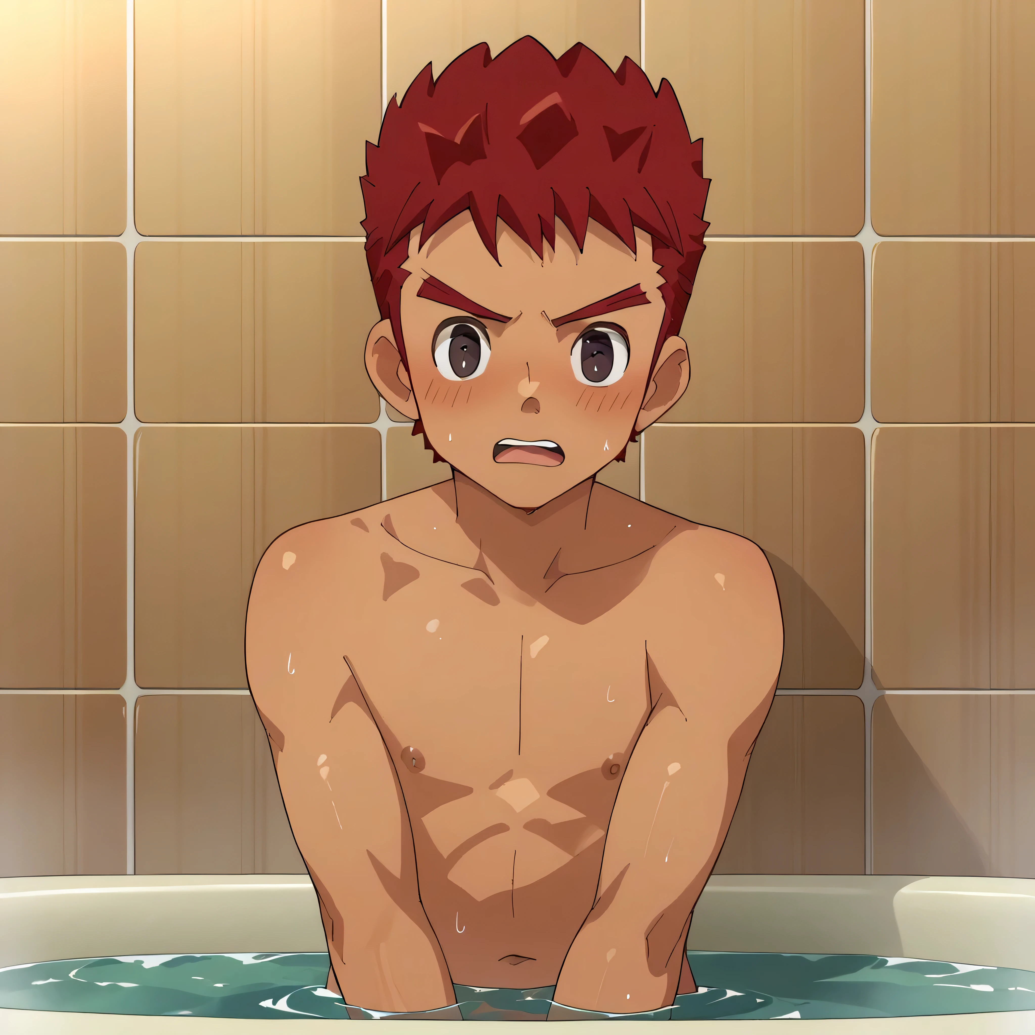 score_9, score_8_up,  source_Anime,  very detailed,  one boy , solo
,  one boy ,   men clenching their fists, Alone, Men wear bathing wear、 Red Hair, looks embarrassed、
Completely naked,  dark eyes,、 bath、NSFW、panic、 open her mouth 