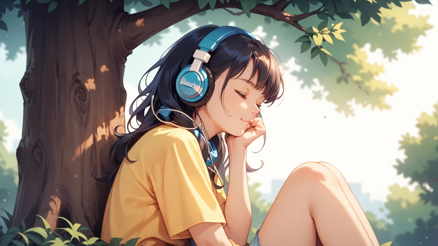 12 year old Asian girl,Lying down the hillside listening to music