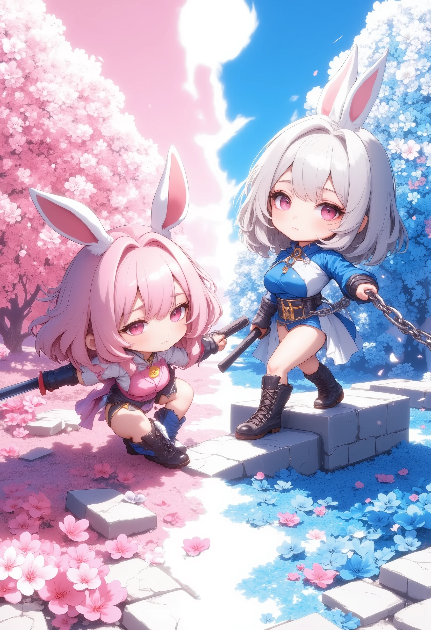 chibi, masterpiece, best quality, ultra-detailed, trk,two chibi girls in action-oriented poses, the pink-haired rabbit-eared girl on the left is kneeling with one knee on the ground, katana drawn, her sharp gaze locked on an unseen enemy, while the silver-haired girl on the right places one foot on a raised platform, confidently wrapping a chain around her arm, her expression filled with calm authority, pink floral patterns bloom behind the left girl and blue floral designs swirl behind the right, the scene contrasts action and poise, creating a dynamic composition.