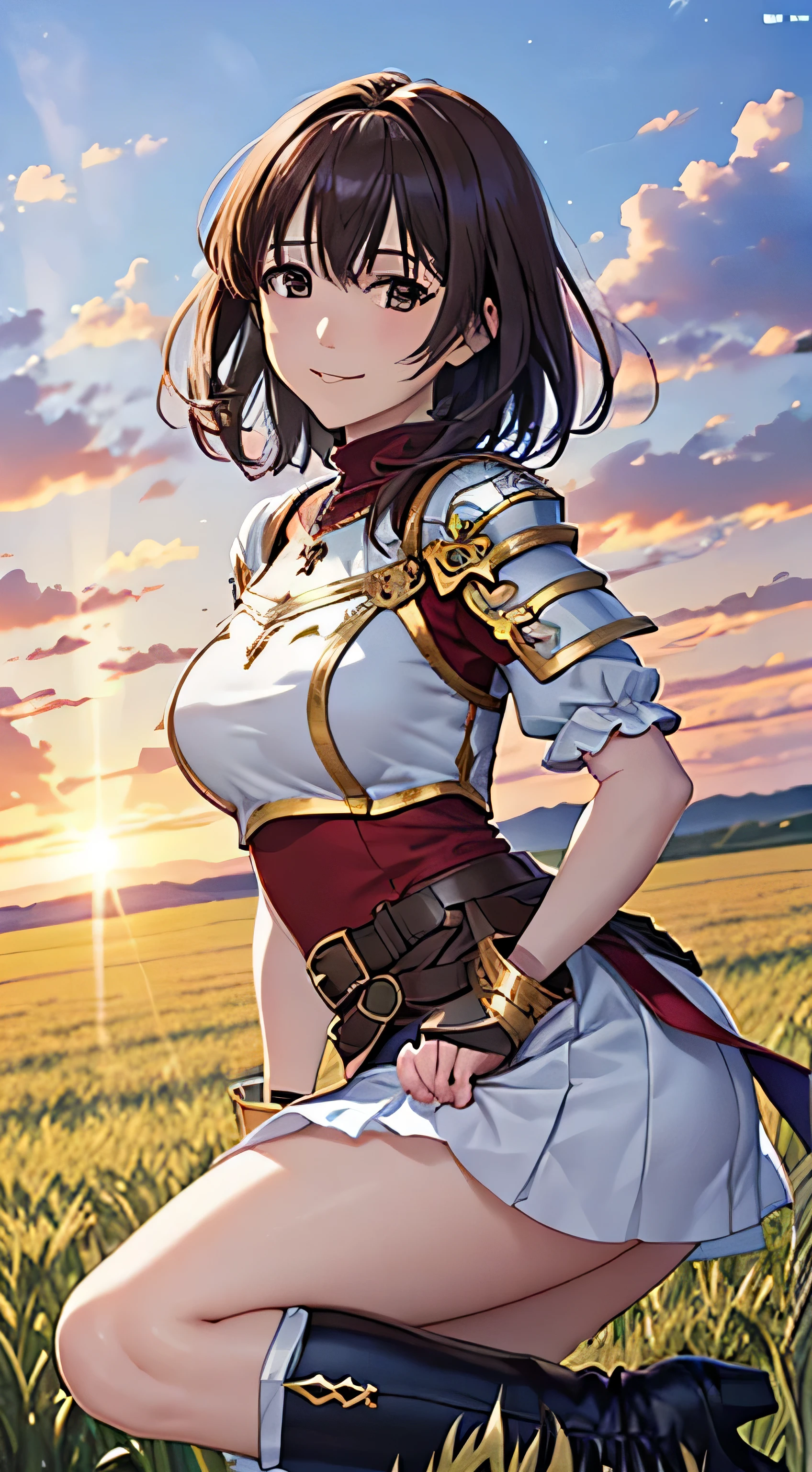 (( , top quality, , Pixel Perfect , 4K,))), 1 Woman , 、 (( medium wave hair 、, light brown hair 、 )), (( brown eyes , beautiful eyelashes , realistic eyes)), (( detailed face , )), (( smooth texture:0.75, realistic texture:0.65, realistic :1.1, anime CG style)), pose using medium bust , dynamic angle , perfect body , (( , ,, , , , white and blue dress , white and blue long flared skirt ,Gold Shoulder Armor 、 open legs、 knee-high boots , gold and black arm guards , belt、 、)), (( with no sense of incongruity , hold the skirt with your hand))、 cross necklace 、 、 ( Vast Prairie )、I can see the sea in the distance 、、、 、 cute smile、A shy, bright red smile 、 Stick Out Your Butt、 lean forward、、、)