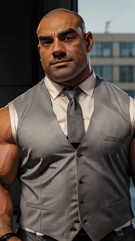 an exaggeratedly muscular and large bald bodyguard, beefy build, mixed race, (wearing grey business casual vest: 1.2), name tag, (bara pecs: 1.3), (arm and chest hair: 1.1), close-up portrait HD, bright corporate office with large windows