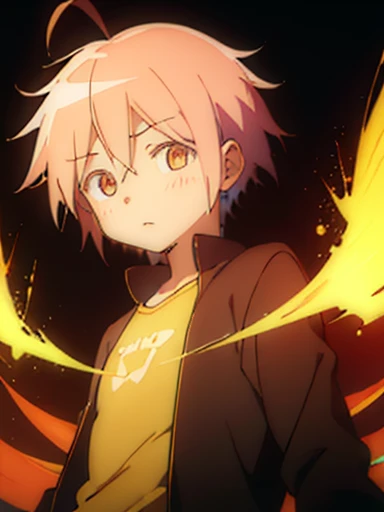 A boy with cute ahoge and dark yellow cute messy hair and have a dark orange eyes, 4k