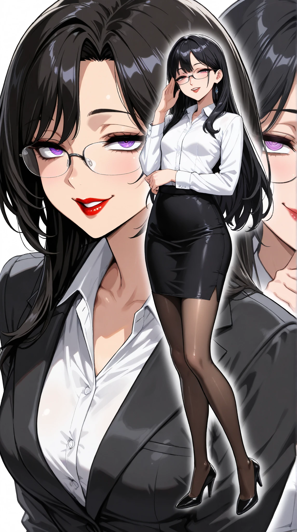  1 mature beautiful woman ,(masterpiece:1.3, top quality :1.3, very detailed depiction:1.3, incredible high resolution:1.3,High quality anime drawings),( office lady with straight black hair,An excellent female secretary,Villainess,Glasses),( business suit, tight skirt , formal shirt to accumulate strength, black tights, Luxurious Accessory , high heels),(Purple Eyes, Crazy Eyes , half-closed eyes:1.5, small breasts, wicked smile, glossy red lips ,Seductive gestures,Beautiful legs, healthy legs,Curvaceous Body,High quality skin),Full body images:1.3,