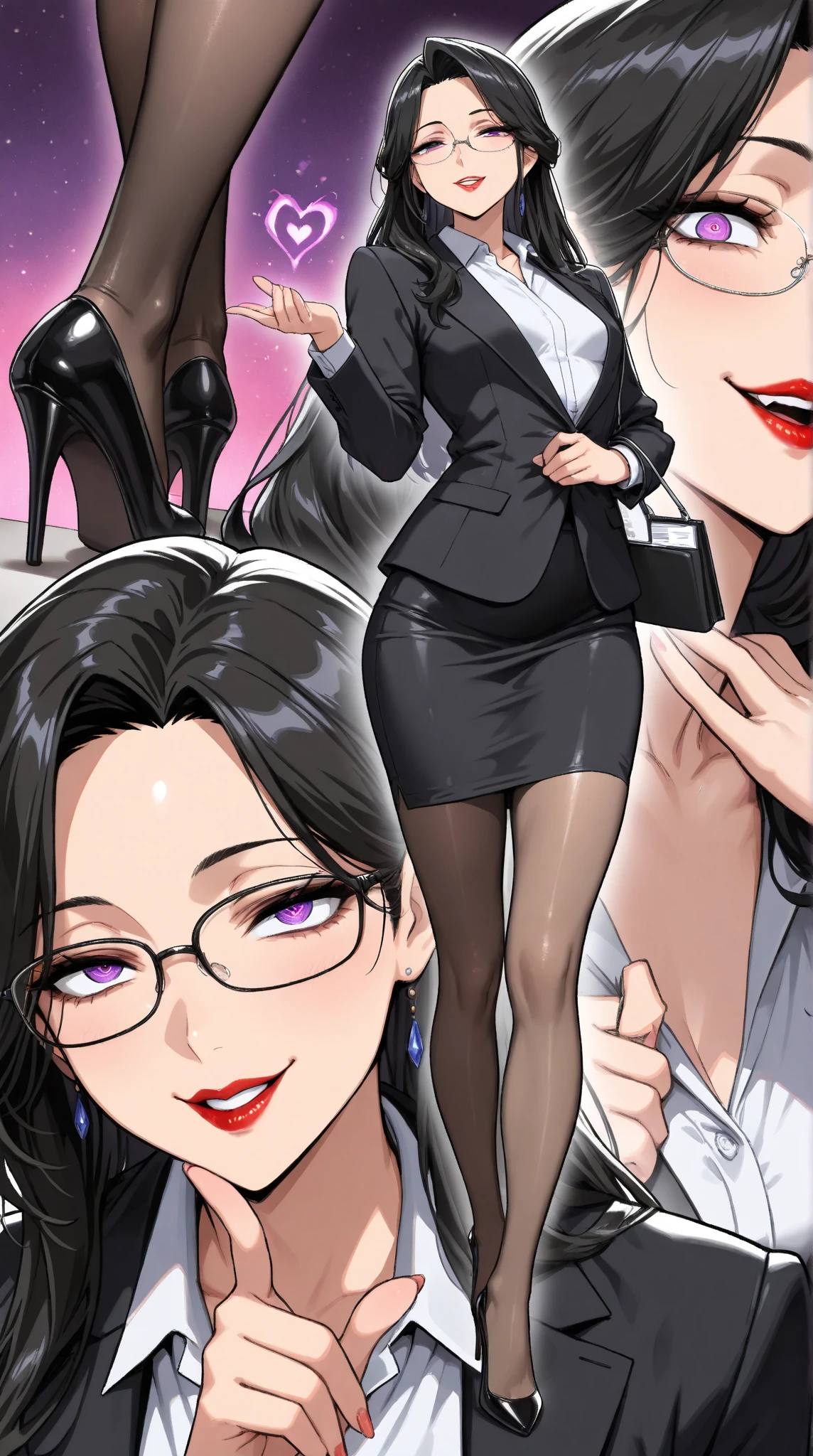  1 mature beautiful woman ,(masterpiece:1.3, top quality :1.3, very detailed depiction:1.3, incredible high resolution:1.3,High quality anime drawings),( office lady with straight black hair,An excellent female secretary,Villainess,Glasses),( business suit, tight skirt , formal shirt to accumulate strength, black tights, Luxurious Accessory , high heels),(Purple Eyes, Crazy Eyes , half-closed eyes:1.5, small breasts, wicked smile, glossy red lips ,Seductive gestures,Beautiful legs, healthy legs,Curvaceous Body,High quality skin),Full body images:1.3,