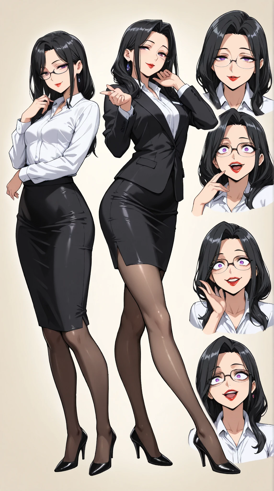  1 mature beautiful woman ,(masterpiece:1.3, top quality :1.3, very detailed depiction:1.3, incredible high resolution:1.3,High quality anime drawings),( office lady with straight black hair,An excellent female secretary,Villainess,Glasses),( business suit, tight skirt , formal shirt to accumulate strength, black tights, Luxurious Accessory , high heels),(Purple Eyes, Crazy Eyes , half-closed eyes:1.5, small breasts, wicked smile, glossy red lips ,Seductive gestures,Beautiful legs, healthy legs,Curvaceous Body,High quality skin),Full body images:1.3,