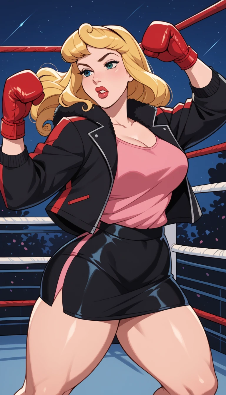   2D Anime Image , (  anime style 1  ), Princess Aurora (Beauty  Sleep Disney), short black jacket,pink shirt, short and tight red pencil skirt ,   boxing ring at an empty gym  , night, one-sided fight  ,   blonde hair with messy bangs   ,curves, thick thighs  ,,  red MMA gloves  ( , red MMA gloves  detalhado 1  ), hematomas,  full lips  ,   thick thighs  ,  legs in fighting pose 