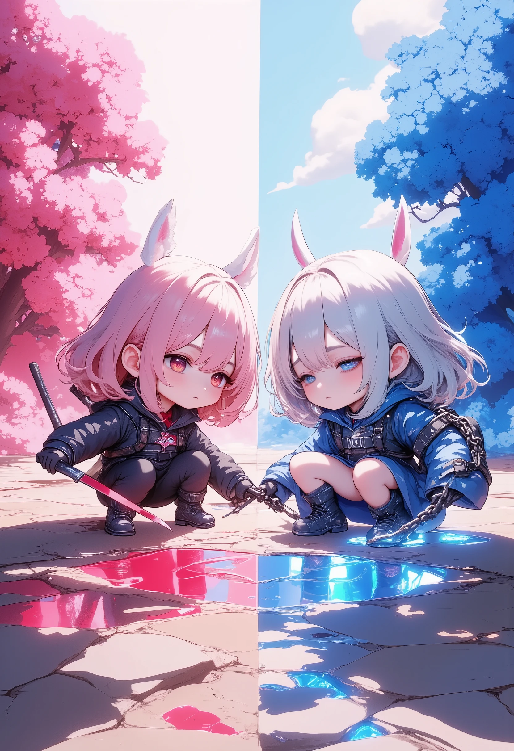 chibi, masterpiece, best quality, ultra-detailed, two chibi girls in a striking pose, the pink-haired girl on the left is crouching low, her eyes focused and determined, gripping her katana with both hands, ready for battle, the silver-haired girl on the right calmly sits with large chains wrapped around her arms, her gaze is cold and calculating, the contrasting personalities create a tension-filled yet balanced scene, floral backgrounds in pink and blue respectively, enhancing the mood of each character.