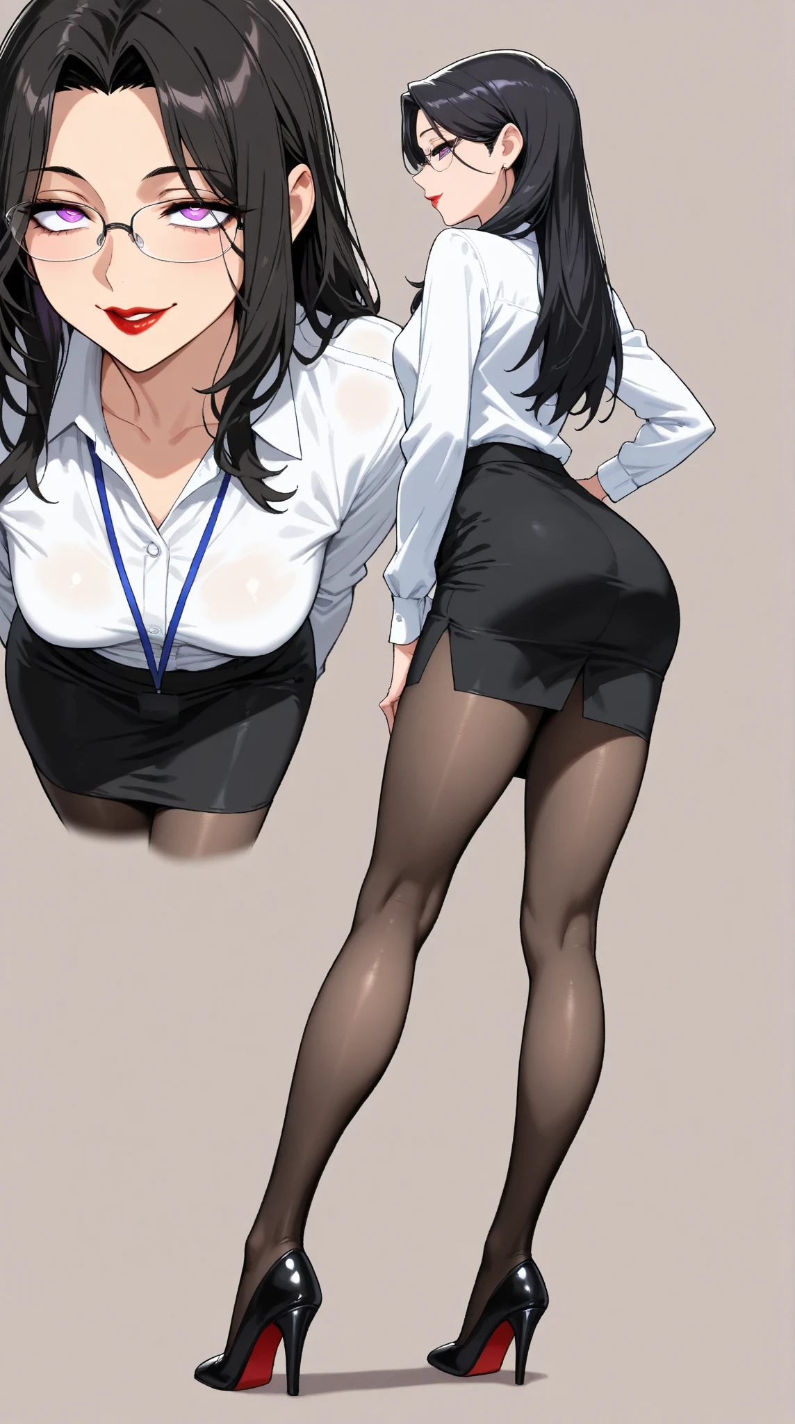  1 mature beautiful woman ,(masterpiece:1.3, top quality :1.3, very detailed depiction:1.3, incredible high resolution:1.3,High quality anime drawings),( office lady with straight black hair,An excellent female secretary,Villainess,Glasses),( business suit, tight skirt , formal shirt to accumulate strength, black tights, Luxurious Accessory , high heels),(Purple Eyes, Crazy Eyes , half-closed eyes:1.5, small breasts, wicked smile, glossy red lips ,Seductive gestures,Beautiful legs, healthy legs,Curvaceous Body,High quality skin),Full body images:1.3,