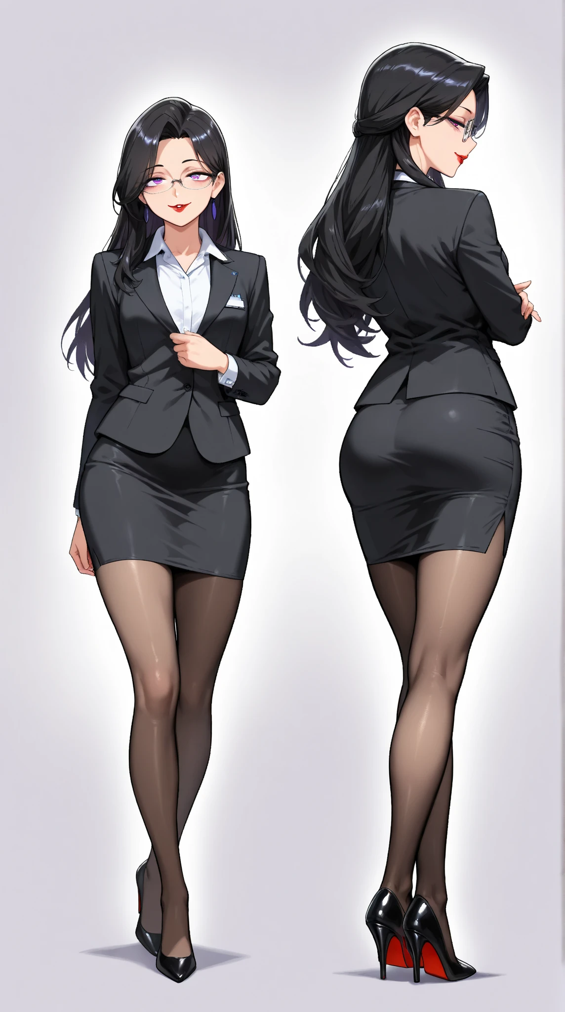  1 mature beautiful woman ,(masterpiece:1.3, top quality :1.3, very detailed depiction:1.3, incredible high resolution:1.3,High quality anime drawings),( office lady with straight black hair,An excellent female secretary,Villainess,Glasses),( business suit, tight skirt , formal shirt to accumulate strength, black tights, Luxurious Accessory , high heels),(Purple Eyes, Crazy Eyes , half-closed eyes:1.5, small breasts, wicked smile, glossy red lips ,Seductive gestures,Beautiful legs, healthy legs,Curvaceous Body,High quality skin),Full body images:1.3,