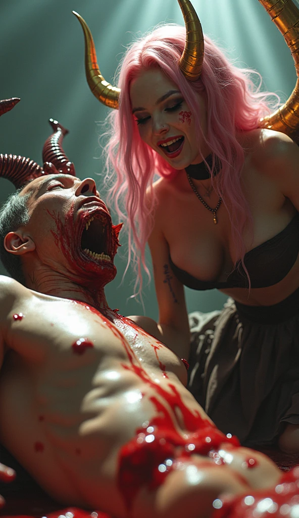 3 naked monsters beast with large penis in the old house rape a sexy girl , blood on body in small shorts
