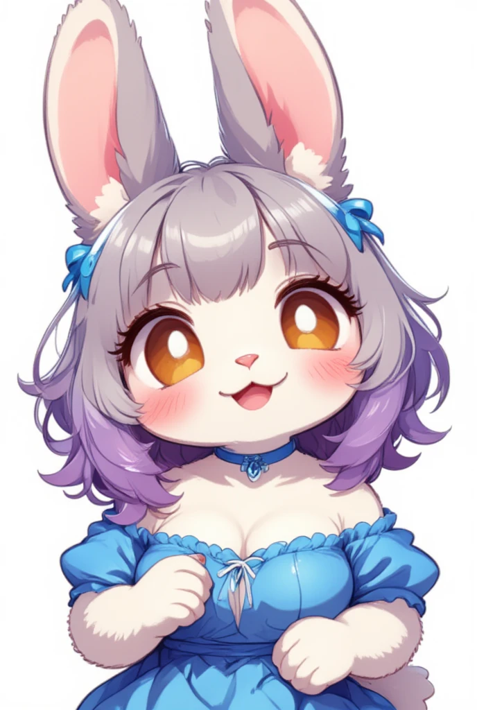 1girl, (furry girl, anthro rabbit:1.5), cute flat 2d anime illustration, animal nose, breasts, ahoge, cleavage, short hair, double v, yellow eyes, sidelocks, large breasts, gradient hair, grey hair, purple hair, multicolored hair, open mouth, ponytail, alternate breast size, dress, hair ribbon, blue dress, choker, short sleeves, puffy sleeves, v, looking at viewer, solo, upper body, cowboy shot, alternate costume, one-hour drawing challenge, blue choker, white ribbon, smile