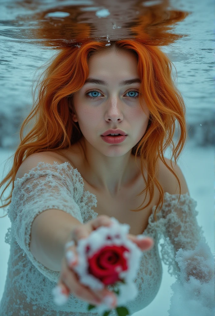 realism, 
Close-up,  A masterpiece of realism, a beautiful 17-year-old girl is submerged in crystal clear frozen water, her reflection rippling in the still mirror. Her long orange hair partially floats above the water, flowing down her back and partially obscuring her mysterious gaze. In the frosty winter, as she purses her lips and blows a 'whoosh', frost and ice form on the lens and spread out before her eyes. A blood-red rose captured in close-up at the bottom of the frame is covered in snow and surrounded by frost. Water splashes and ripples, snowflakes swirl around her. Her slender arm seems to embrace the underwater world, while her other hand is extended towards the viewer, turning into cold frost and frost wherever she touches. Her skin glows with a spiritual glow, with subtle freckles. This oil painting masterpiece, brilliantly rendered in 8K sharp focus detail, invites the viewer into a dreamlike world of tranquility and beauty.