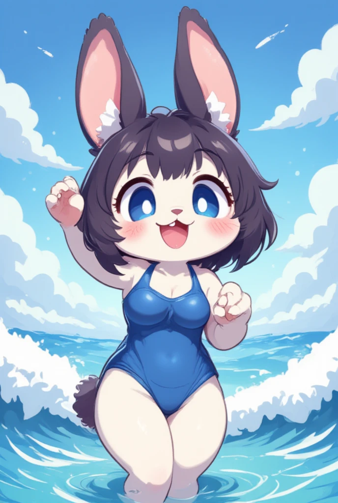 1girl, (furry girl, anthro rabbit:1.5), cute flat 2d anime illustration, animal nose, blue eyes, breasts, black hair, short hair, medium breasts, open mouth, :d, blush, bare shoulders, covered navel, swimsuit, one-piece swimsuit, competition swimsuit, highleg swimsuit, blue one-piece swimsuit, looking at viewer, standing, arm up, outdoors, water, wet, contrail, ocean, solo, wading, cowboy shot, smile, sky, cloud, highleg, blue sky, day, upper teeth only, teeth