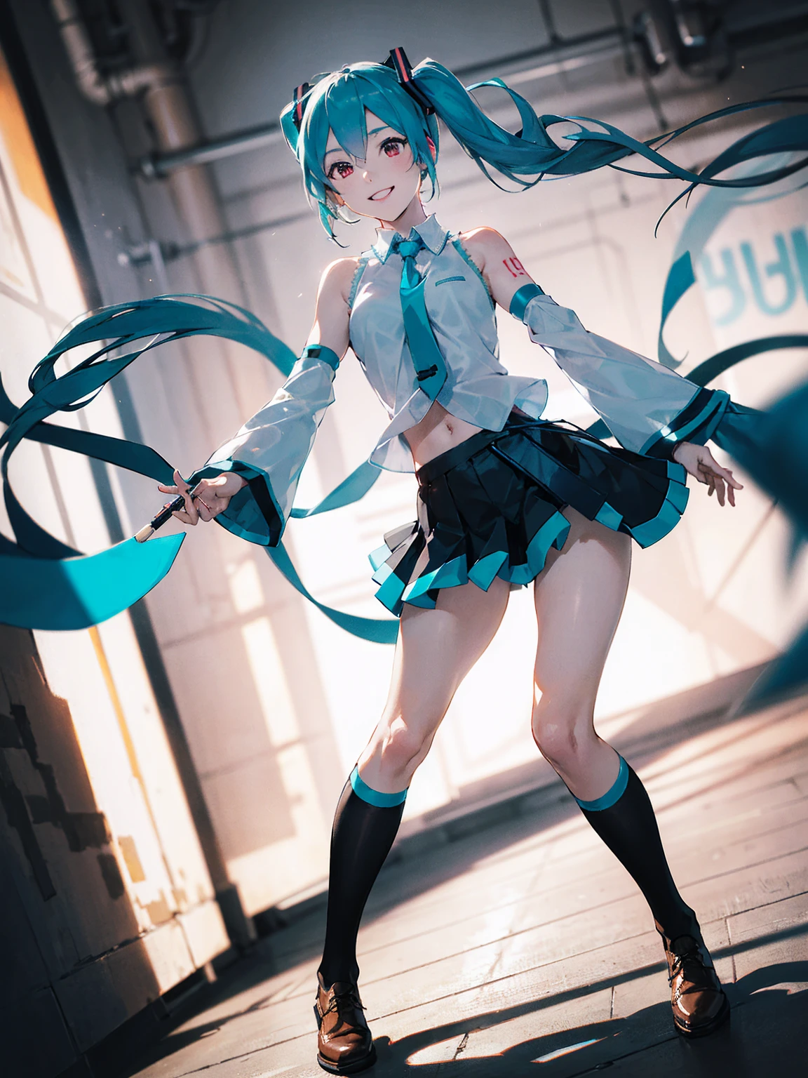 masterpiece, ( Hatsune Miku ),  white shirt,  blue tie, Bare shoulders,  twin tails、 separation sleeve,  Immersed in an evil smiley face, Dark Skin,  red eyes,  dark eyes, Orange pupil,Thighs, black high socks wearing brown leather shoes 