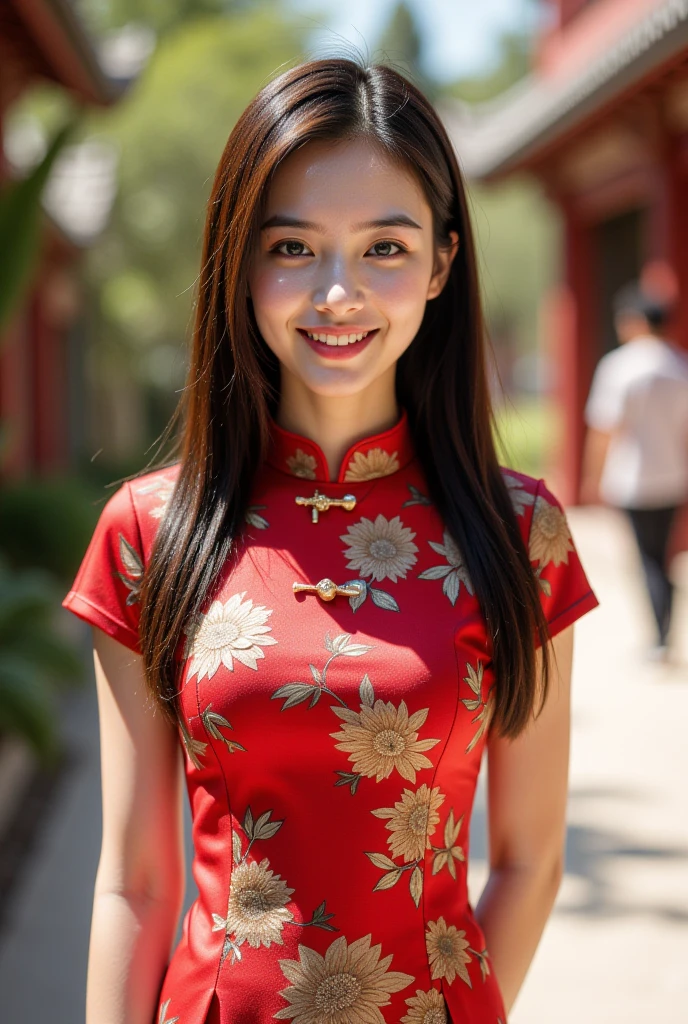 1girl,realistic,photorealistic,waist up,chinese dress,smirk,outdoors,