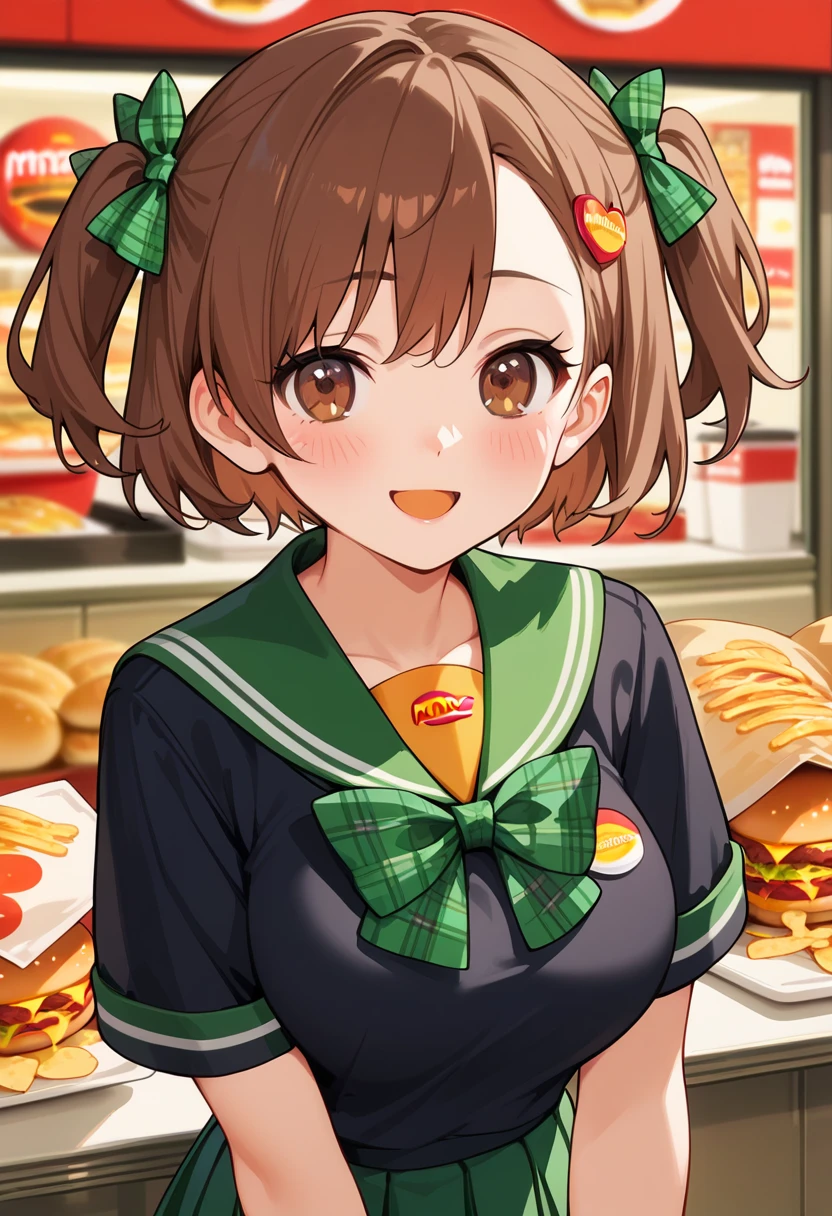 best quality, high resolution, 8k, alone, ((blush:1.5)), (sasakichiho, the Demon king at work!, eyelash, short hair, brown hair, ribbon, brown eyes, Two Side Up, hair ornament uniform, sailor suit, pleated skirt, long sleeve, shirt, green sailor color, green skirt, black shirt, plaid bow tie, plaid bow tie, large breasts), happy smile, ((mcdonalds background)), ((mcdonalds shop))