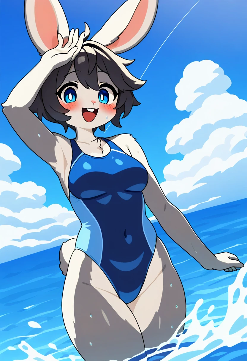 1girl, (furry girl, anthro rabbit:1.5), cute flat 2d anime illustration, animal nose, blue eyes, breasts, black hair, short hair, medium breasts, open mouth, :d, blush, bare shoulders, covered navel, swimsuit, one-piece swimsuit, competition swimsuit, highleg swimsuit, blue one-piece swimsuit, looking at viewer, standing, arm up, outdoors, water, wet, contrail, ocean, solo, wading, cowboy shot, smile, sky, cloud, highleg, blue sky, day, upper teeth only, teeth