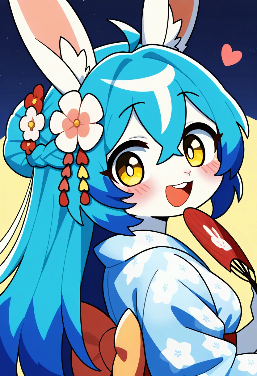 1girl, (furry girl, anthro rabbit:1.5), cute flat 2d anime illustration, animal nose, obi, long hair, blue hair, yellow eyes, braid, open mouth, ahoge, multicolored hair, blush, hair between eyes, streaked hair, colored tips, breasts, :d, hair flower, half updo, looking back, japanese clothes, japanese yukata, hair ornament, yukata, floral print, sash, looking at viewer, flower, solo, holding, upper body, from side, print kimono, smile, blue kimono, paper fan, holding fan, heart, uchiwa