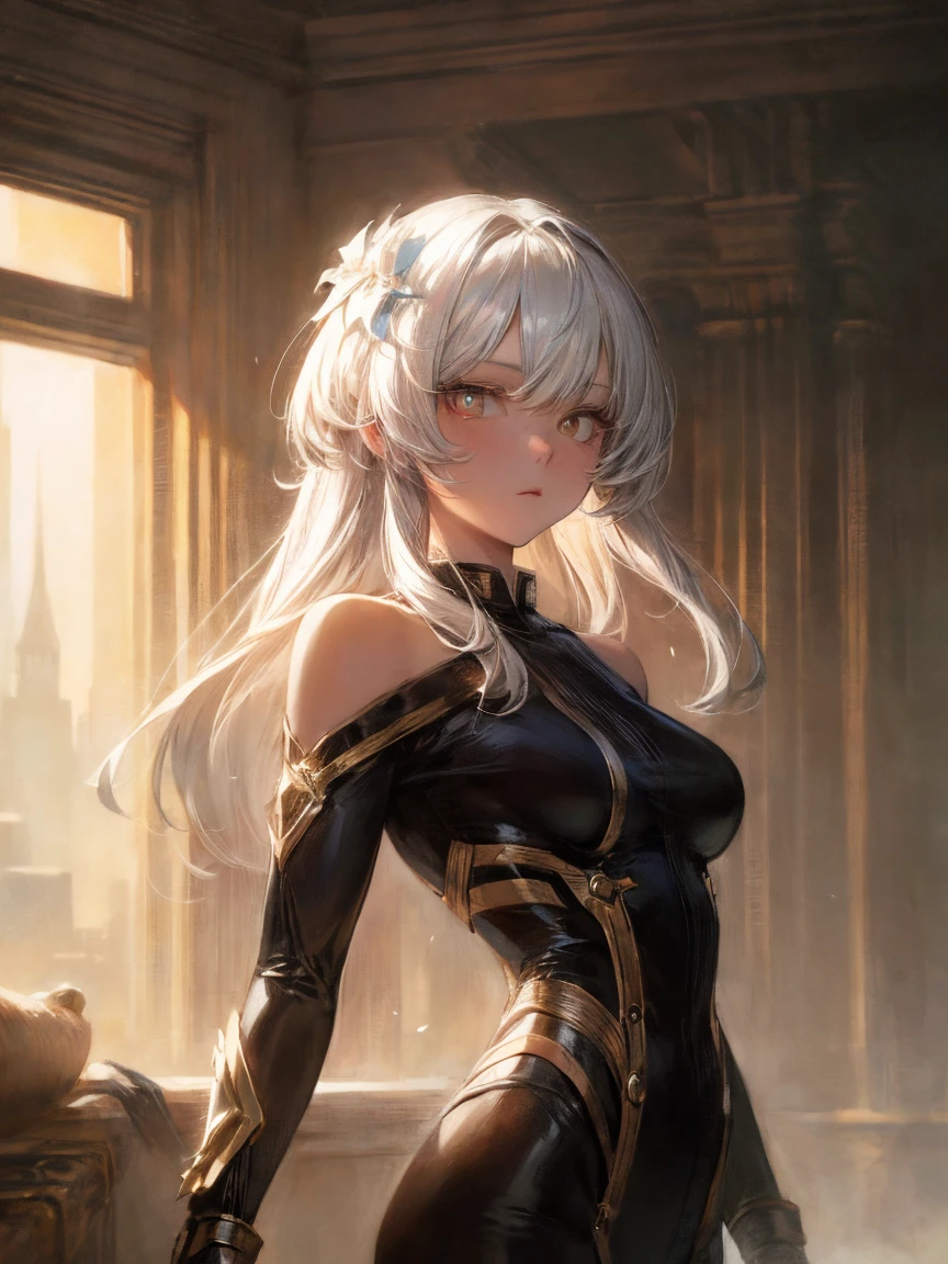 (masterpiece, highest quality:1.2),white hair, bangs, long hair, mole under eye, symbol-shaped pupils, cinematic lighting, chiaroscuro, textured skin, masterpiece, high details, super detail, A scene from a science fiction movie. A soldier who works in a city on a different planet from Earth. Wearing a functional bodysuit. The shoulders and arms are equipped with mechanical parts. young woman.