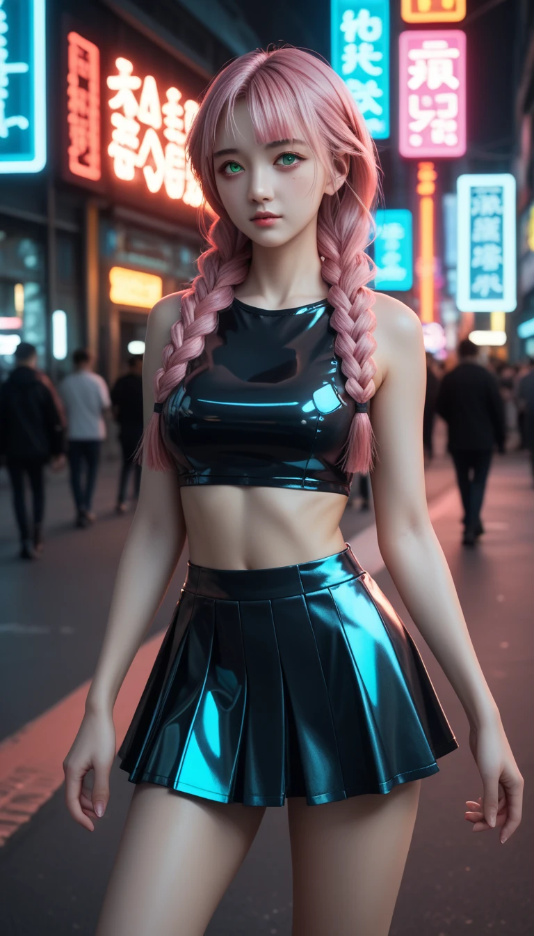             A pretty girl         ,    Japanese      , with healthy appearance ,  The expression would be     , Bold pose,                detailed embroidery          ,              high quality, 8k,                realistic photo             ,               dramatic lighting           ,                vivid colors               ,(               masterpiece               ,                 top quality               ,  :1.2),  (                         cyberpunk urban scene illuminated by neon lights                         ), (Alone:1.4), (                 Elegant and cool              ),                Bright neon details                :1.3), (     sexy expression     :1.1) ,                 Confident and relaxed poses                  :1.3),   holographic clothing for outdoor use                 , (               dynamic lighting          ,           Mitsuri Kanroji is a young woman with bright green eyes,          She has long pink hair mixed with neon green paint          ,           wearing three thick braids and five shorter locks falling over her nose like fringes.           Big breasts          ,         full body photo    ,       sexy full body clothes  ,   tight clothes, short skirt,.
