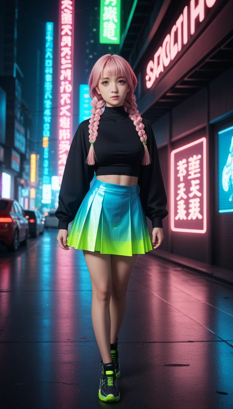             A pretty girl         ,    Japanese      , with healthy appearance ,  The expression would be     , Bold pose,                detailed embroidery          ,              high quality, 8k,                realistic photo             ,               dramatic lighting           ,                vivid colors               ,(               masterpiece               ,                 top quality               ,  :1.2),  (                         cyberpunk urban scene illuminated by neon lights                         ), (Alone:1.4), (                 Elegant and cool              ),                Bright neon details                :1.3), (     sexy expression     :1.1) ,                 Confident and relaxed poses                  :1.3),   holographic clothing for outdoor use                 , (               dynamic lighting          ,           Mitsuri Kanroji is a young woman with bright green eyes,          She has long pink hair mixed with neon green paint          ,           wearing three thick braids and five shorter locks falling over her nose like fringes.           Big breasts          ,         full body photo    ,       sexy full body clothes  ,   tight clothes, short skirt,.
