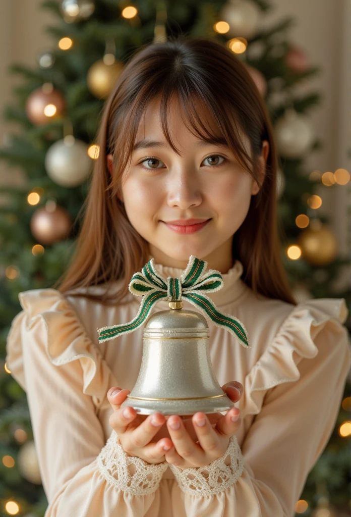 realism, 
Close-up,  Vintage film featuring a  old Thai-Korean woman with smooth, bright skin and soft features holding a living silver Christmas bell. The minimalist silver bell is decorated with a thick green ribbon border embellished with red lines, creating a flowing ribbon knot and soft, wave-like curves. The delicate silver bell is illuminated with white neon lights and surrounded by gold lines, adding a luxurious feel. The model has long, sleek, straight brown hair that falls past her shoulders with bangs that gently cover her forehead, further highlighting her beautiful face. A pastel-colored high-neck blouse highlights sophistication and elegance with delicate frills. She carefully holds the large silver bell in her hands ((realistic skin texture, beautiful hands_perfect body anatomy)), leans slightly towards the camera to show off the design, and smiles softly and confidently. This setup combines soft natural lighting with a minimal, neutral-toned background (warm white or light wood texture) to capture the subject's glowing complexion and lower body, as well as the vibrant colors of the Christmas tree in the distance, in a very realistic, high-angle shot. Perfect anatomy,