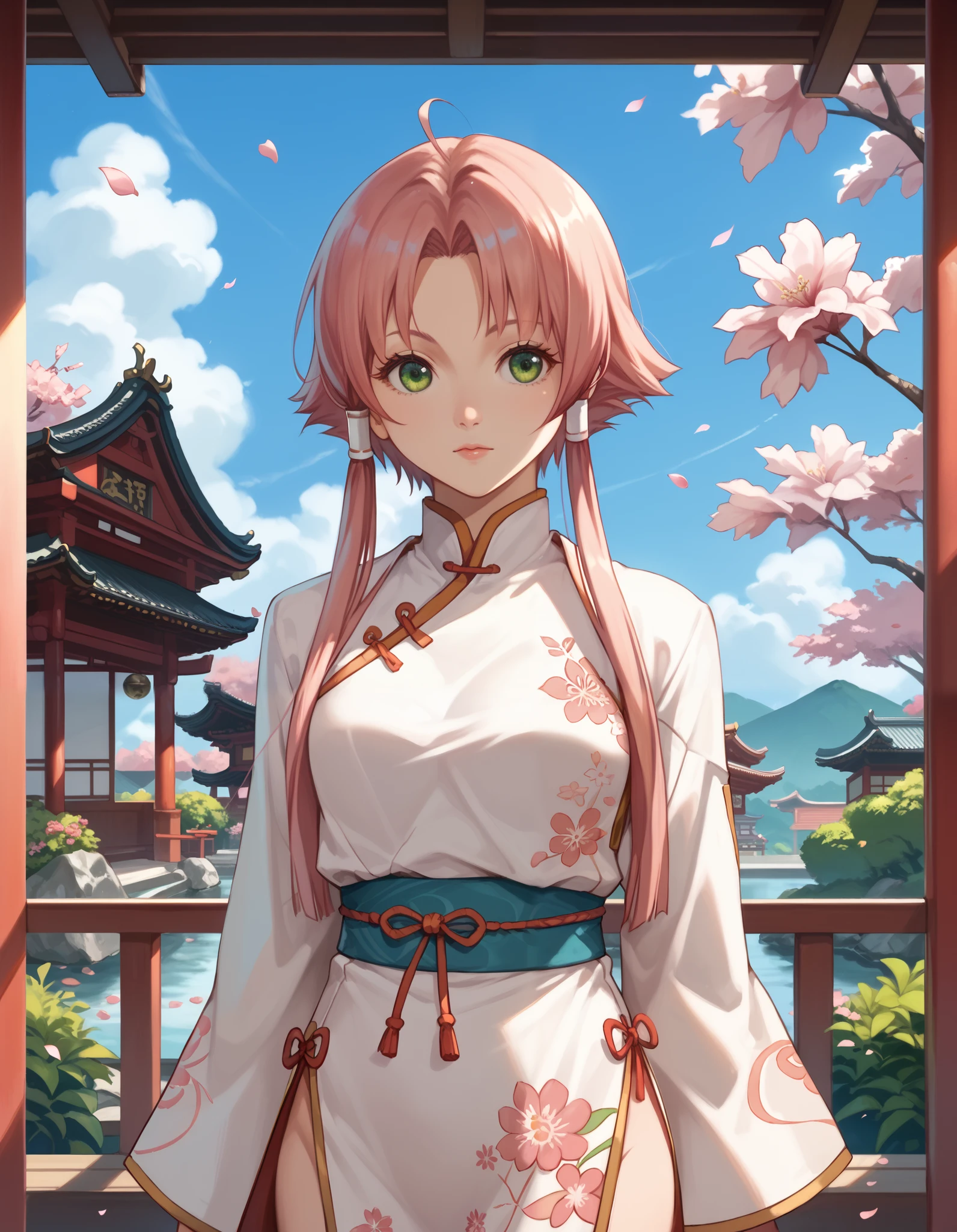 score_9, score_8_up, score_7_up,1girl, mizunashiakari, pink hair, short hair with long locks, green eyes, perfect beautiful face, extremely detailed face, long eyelashes, white cheongsam, (outdoors, day, blue sky, japanese garden, sakura petals) / standing in kung fu pose
