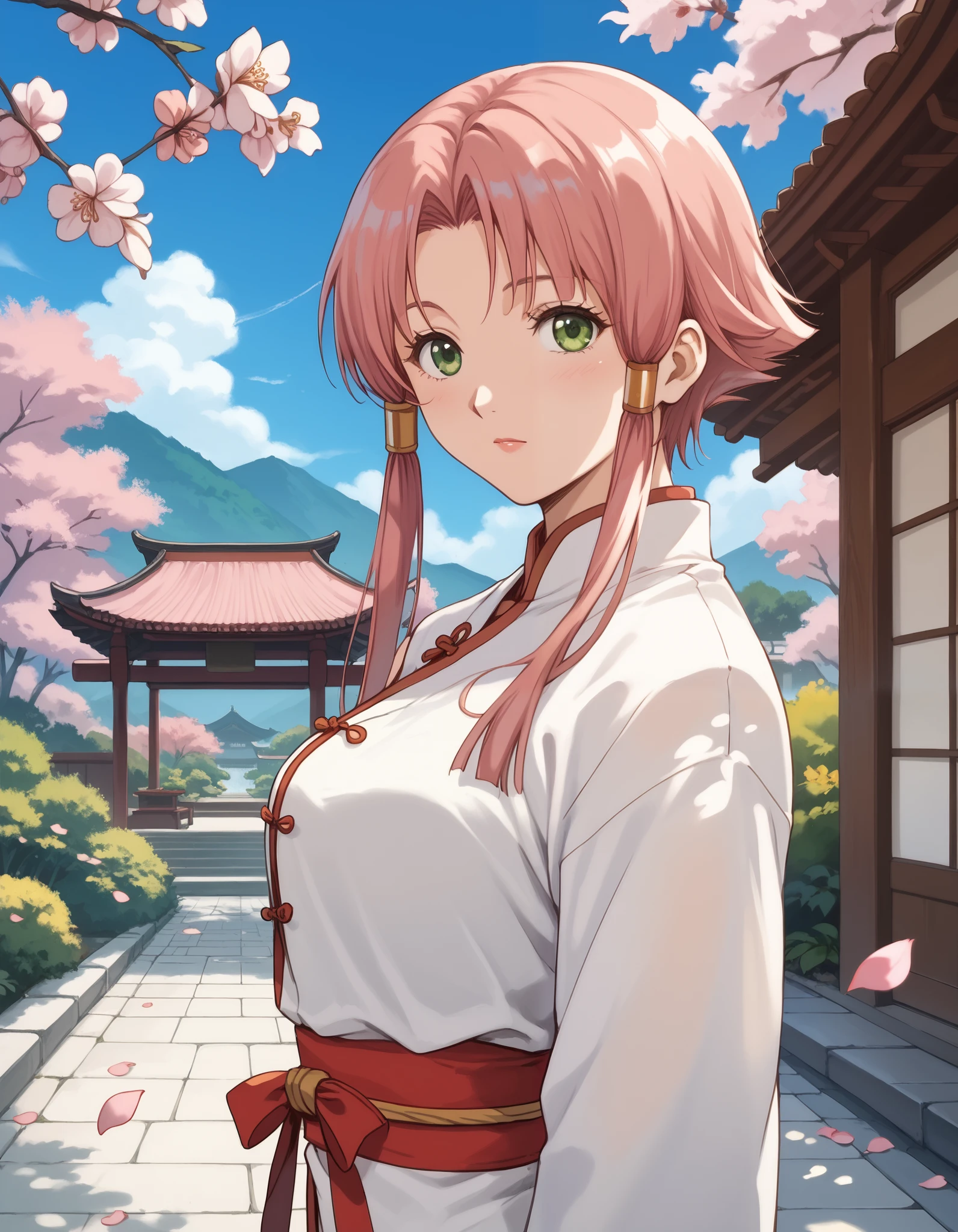 score_9, score_8_up, score_7_up,1girl, mizunashiakari, pink hair, short hair with long locks, green eyes, perfect beautiful face, extremely detailed face, long eyelashes, white cheongsam, (outdoors, day, blue sky, japanese garden, sakura petals) / standing in kung fu pose, closeup, cowboy shot, 80swa