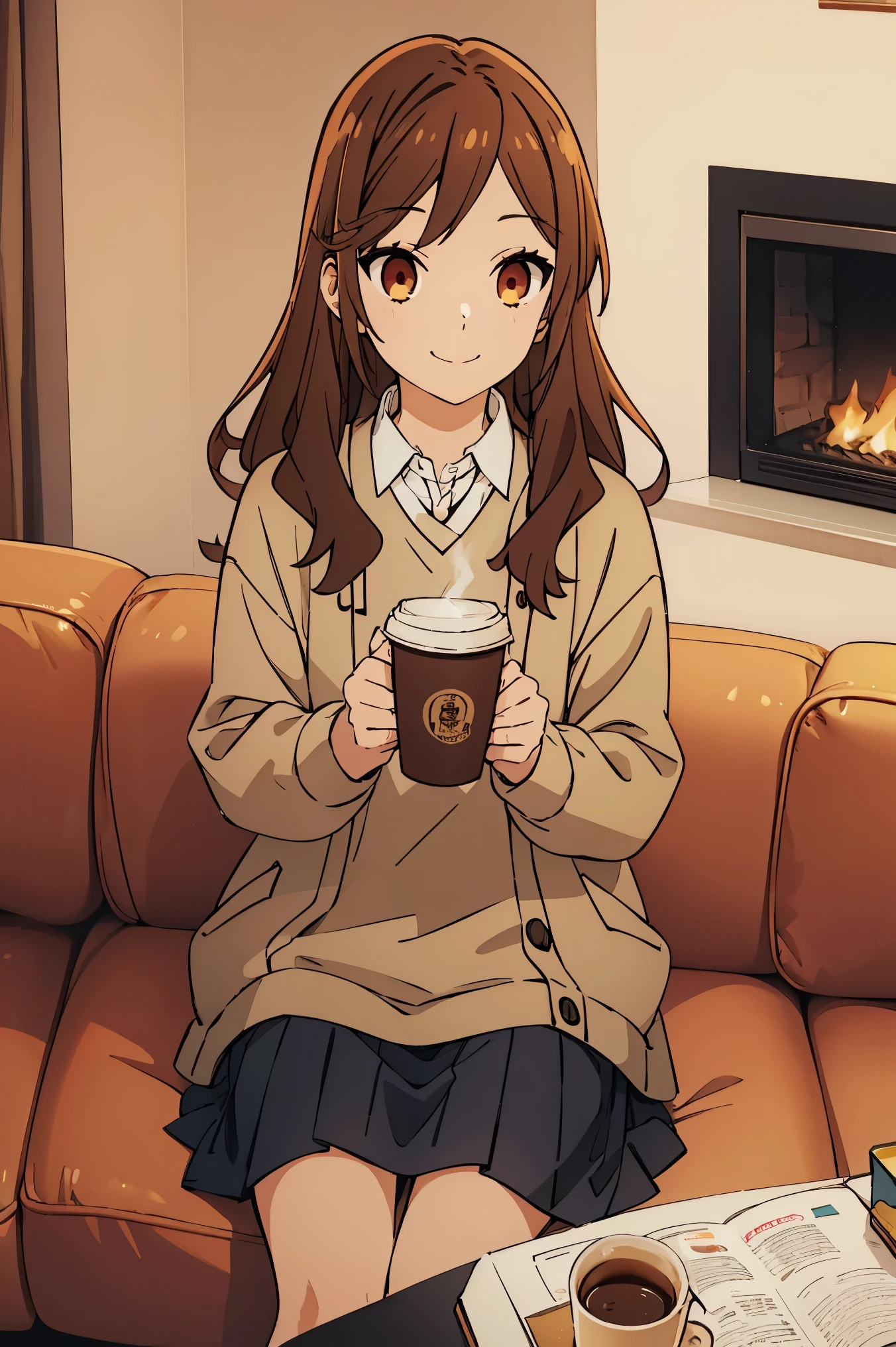 Woman,alone,brown hair,jacket,skirt,winter,night, home,living room,sitting sofa,coffee cup,smile,heater,best quality,high quality,super detail,high details