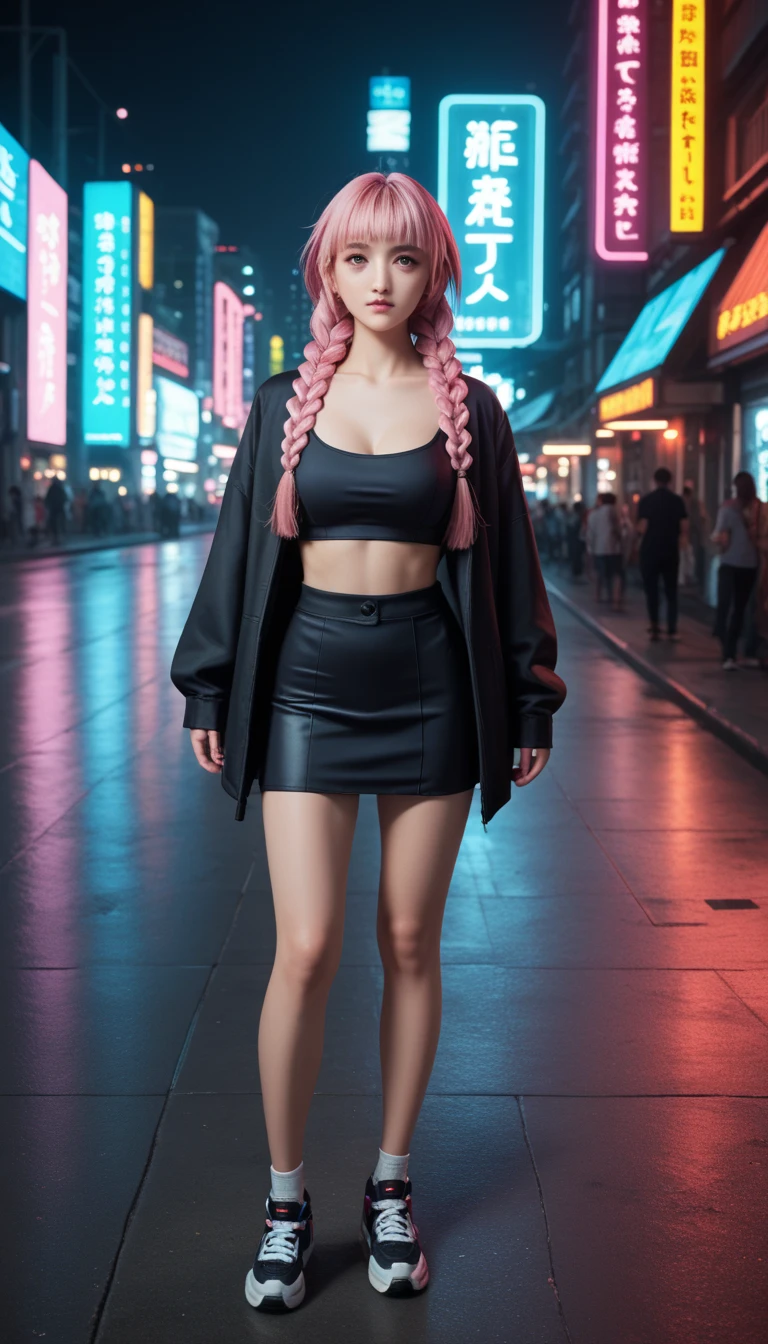             A pretty girl         ,    Japanese      , with healthy appearance ,  The expression would be     , Bold pose,                detailed embroidery          ,              high quality, 8k,                realistic photo             ,               dramatic lighting           ,                vivid colors               ,(               masterpiece               ,                 top quality               ,  :1.2),  (                         cyberpunk urban scene illuminated by neon lights                         ), (Alone:1.4), (                 Elegant and cool              ),                Bright neon details                :1.3), (     sexy expression     :1.1) ,                 Confident and relaxed poses                  :1.3),   holographic clothing for outdoor use                 , (               dynamic lighting          ,           Mitsuri Kanroji is a young woman with bright green eyes,          She has long pink hair mixed with neon green paint          ,           wearing three thick braids and five shorter locks falling over her nose like fringes.           Big breasts          ,         full body photo    ,       sexy full body clothes  ,   tight clothes, short skirt,.
