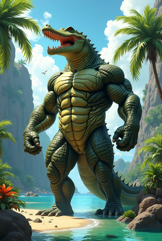The huge crocodile more than 50 meters tall is very satisfied to show its huge pectorals, dancing its claws, very strong