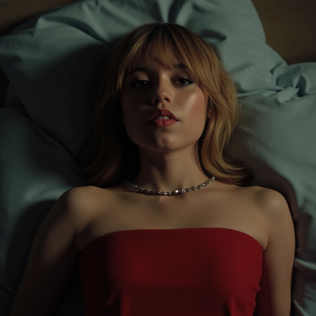 Jenna Ortega, picture from above, lying  limp on a bed, red strapless dress, black tights, blonde bob cut hair with bangs, drunk face