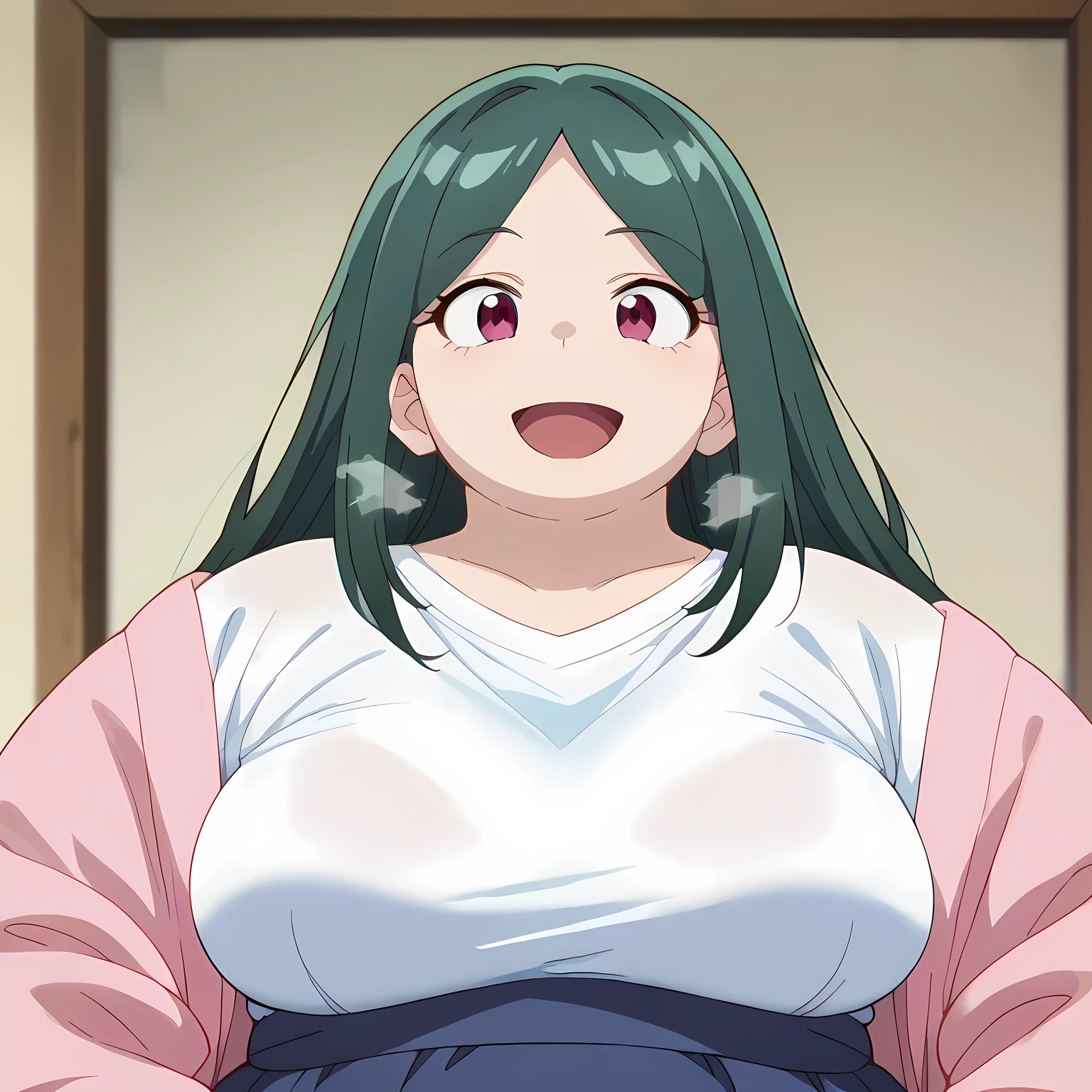 rating_safe,  anime screencap, consistent background,   Transformed maou, light smile, upper body, 1girl  fat, chubby, obese, gigantic arms and legs, large breasts open mouth, out of breath