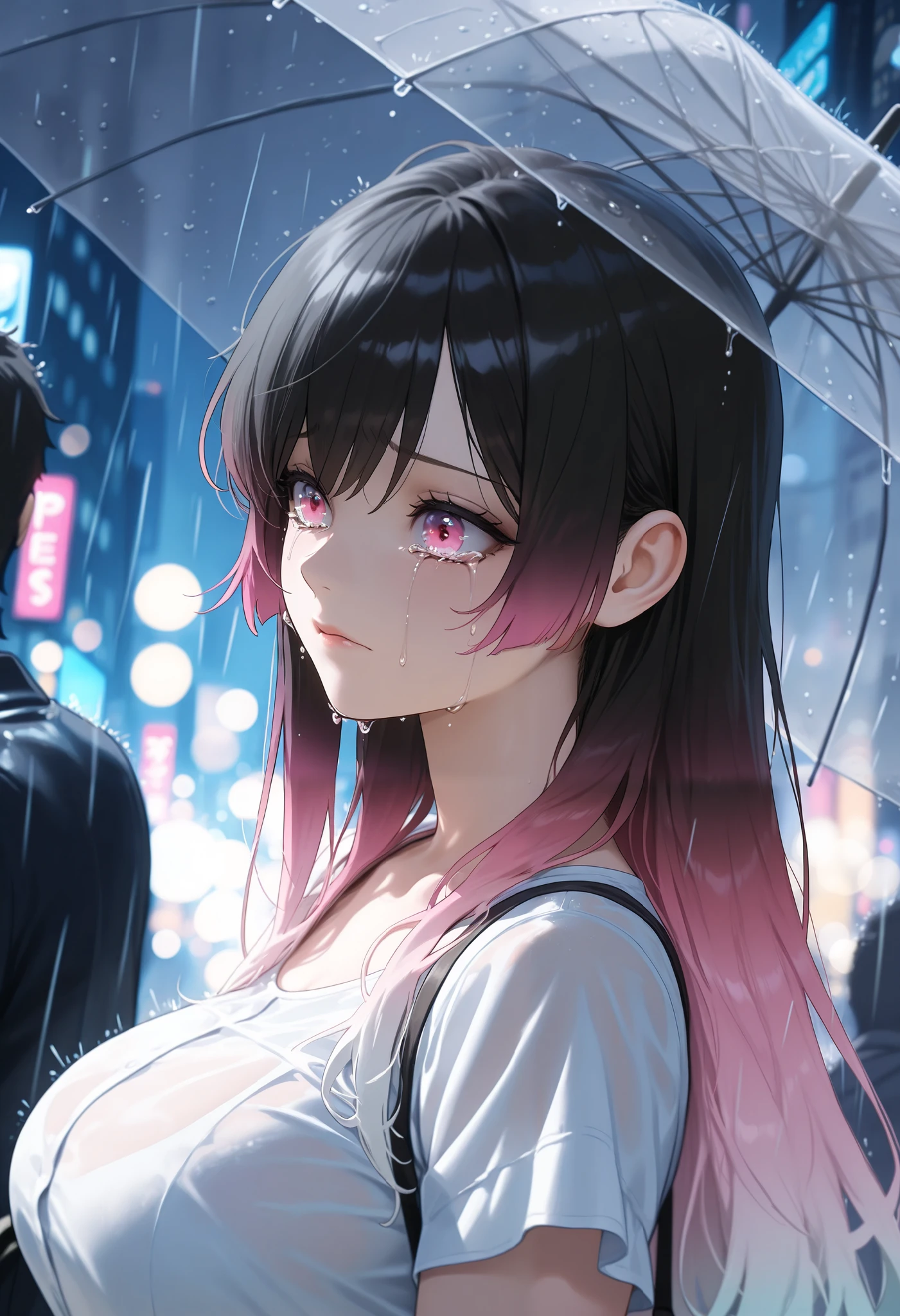 (masterpiece, high resolution, 2k resolution), (candid portrait, (woman staring at the sky)), bokeh, (1girl, perfect anatomy, perfect face), ((gradient hair color+black color:1.4+pink color:1.3), long hair, feathered cut), (white color, perfect eyes), big breasts, casual outfit, ((crying)), standing, raining, soaked, in the crowd of city, night, 