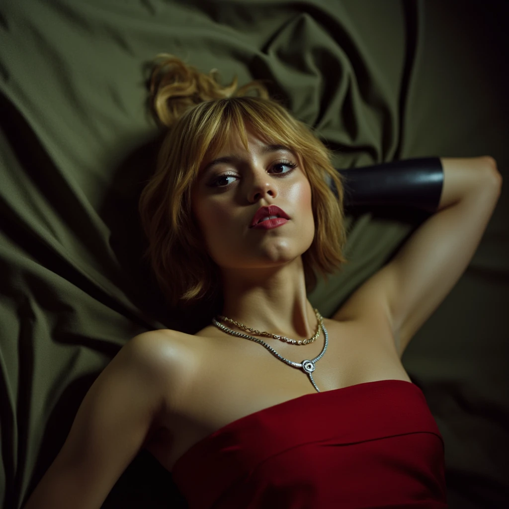 Jenna Ortega, picture from above, lying  limp on a bed, red strapless dress, black tights, blonde bob cut hair with bangs, drunk face