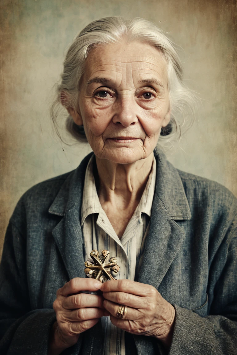 A warm, nostalgic 135mm portrait photograph of an elderly person, with a gentle, wrinkled face, white hair, and a kind gaze, holding a rosary in their worn, aged hands, against a soft, muted background with a subtle film grain, evoking a sense of nostalgia and timelessness, reminiscent of vintage film photography with cross-processing effects, featuring a weathered, distressed cover of a book with the title 'REZAS E BENZIMENTOS ANTIGOS' in faded, golden, serif font, with bold, elegant lettering, and subtle, worn texture, as if it has been handled for generations, with the title and image blending harmoniously to evoke a sense of reverence and spiritual contemplation.