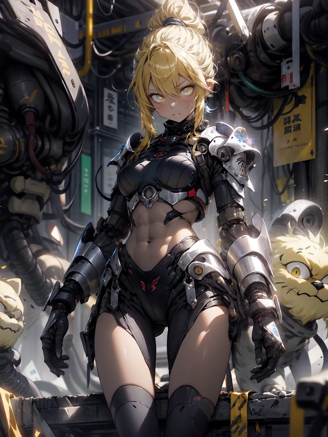 Be realistic、（masterpiece、 top quality 、 top quality 、 very detailed、puppet、Most detailed、（The background is abstract：1.5）（ 1 girl ）、Kamimei、（ yellow hair ponytail）、（Yellow eyes glow、Big Breasts、 tight abs 、Stunned）、 crystals、 black bikini、Sexy、Machine Armor、 tanned skin、（ plug suit ）、irritated eyes 、Left facing