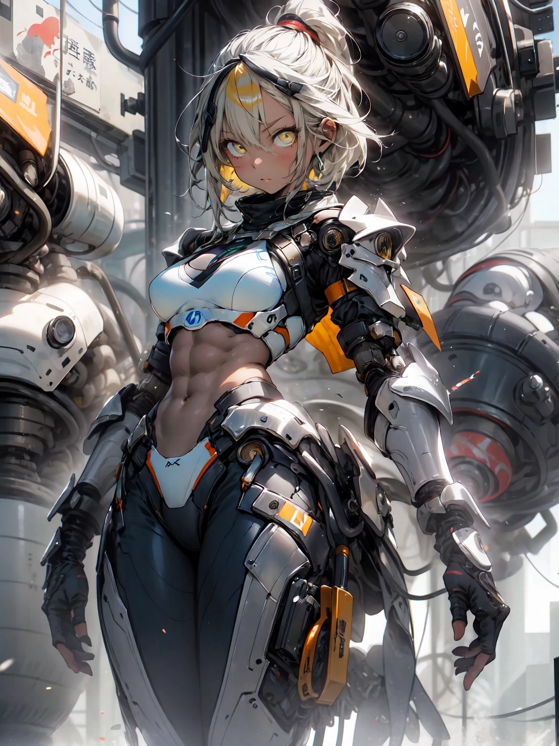 Be realistic、（masterpiece、 top quality 、 top quality 、 very detailed、puppet、Most detailed、（The background is abstract：1.5）（ 1 girl ）、Kamimei、（ yellow hair ponytail）、（Yellow eyes glow、Big Breasts、 tight abs 、Stunned）、 crystals、 black bikini、Sexy、Machine Armor、 tanned skin、（ plug suit ）、irritated eyes 、Left facing