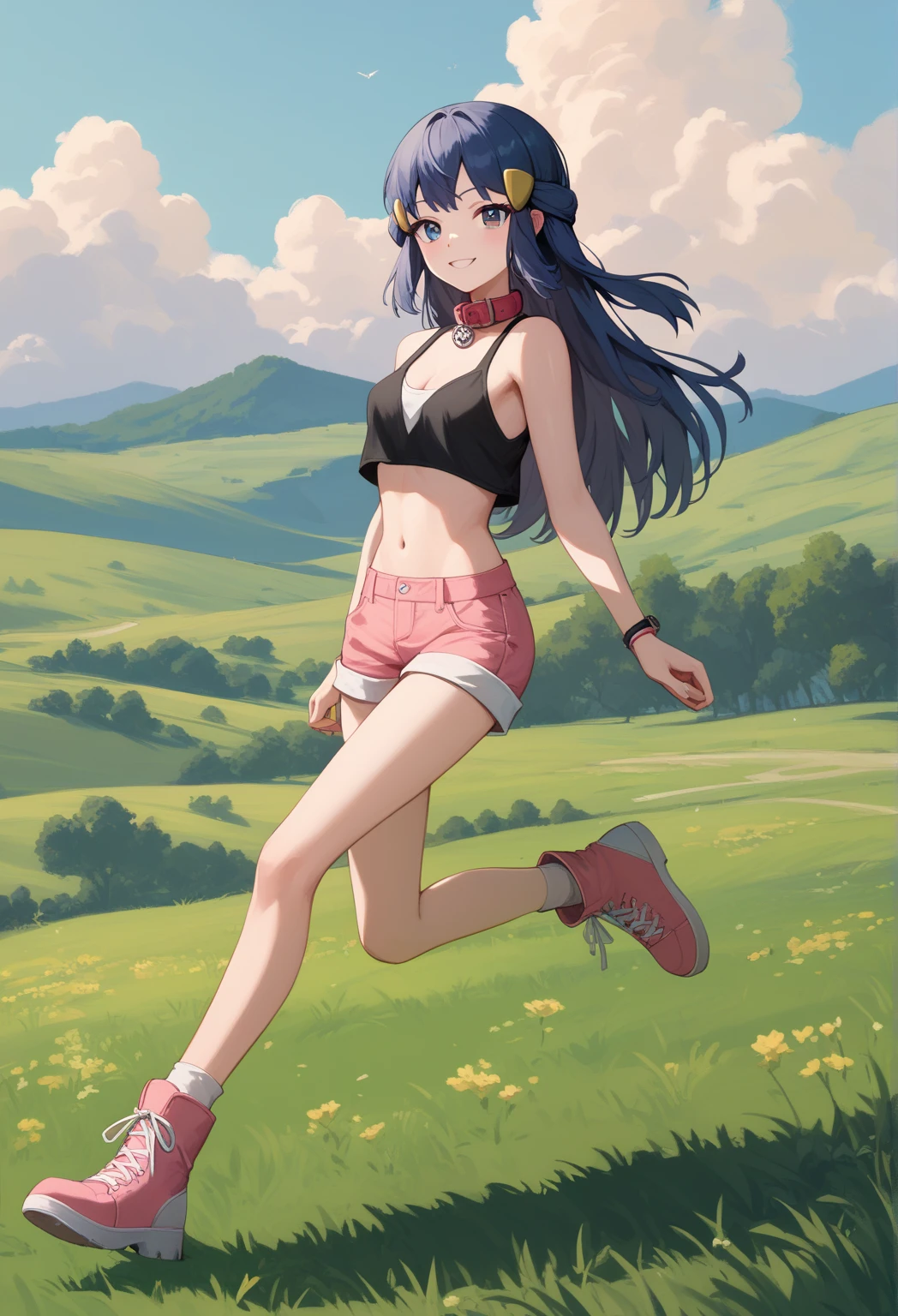 full body image, masterpiece, Best Quality, 1 girl, dawn \(Pokémon\), by the wide, For the blue,piercing blue eyes,well endowed, tall, beautiful,elven ears, Black sleeveless shirt, collar, cleavage, exposed midriff & shoulders, miniskirt, stylish thigh high pink boots, seductive smile with blush, looking at the viewer, field background,sexy.