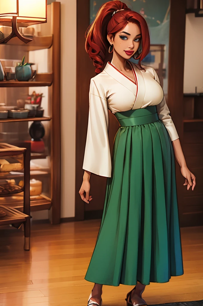 1girl, modern fantasy, small sultry japanese woman with tanned skin, tan skin, 18 years old, short height, (breast implants), huge (round fake tits), deep v-cleavage, wavy (crimson hairs) with side bang, very long high ponytail, (white kimono top), long sleeves, (((very long:1.5) (green pleated) skirt:0.7)) with (side_slit:1.2), crimson obi, sandals, vibrant blue eyes, mischevious smile, mole under right eye, loop earrings, red lips, full lower lip, (full lower lip),  standing, flirting in a coffee shop, assertive, crimson hairs, long ((green pleated skirt:1))