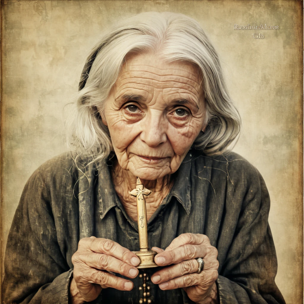 A warm, nostalgic 135mm portrait photograph of an elderly person, with a gentle, wrinkled face, white hair, and a kind gaze, holding a rosary in their worn, aged hands, against a soft, muted background with a subtle film grain, evoking a sense of nostalgia and timelessness, reminiscent of vintage film photography with cross-processing effects, featuring a weathered, distressed cover of a book with the title 'REZAS E BENZIMENTOS ANTIGOS' in faded, golden, serif font, with bold, elegant lettering, and subtle, worn texture, as if it has been handled for generations, with the title and image blending harmoniously to evoke a sense of reverence and spiritual contemplation.