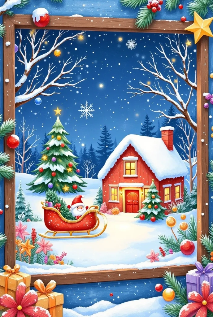 tarry sky, snow-covered house, Christmas tree and sleigh outside window, dark blue background, festive atmosphere, night scene, HD photography, Illustration style, High resolution, Christmas Eve poster design, HD photography, illustration style, High resolution.