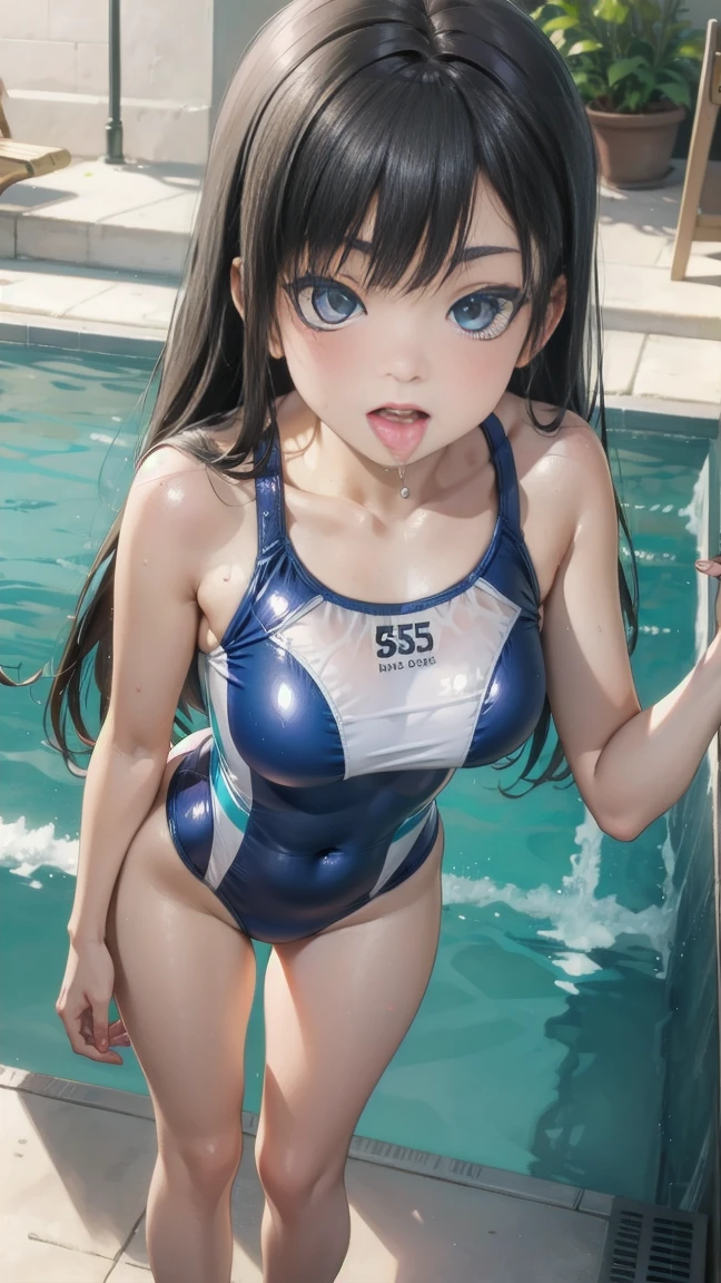 standing with legs apart、 1 cute anime girl, highest quality、ウルトラ - High resolution、High resolution、Detailed CG、8k unit wallpaper、20-year-old、beautiful and detailed eyes、(((White and light blue super shiny competitive swimsuit ,)))、(shiny body,:1.5)、 please be shy、(Ahegao:1.5)、(Stick out your tongue and drool)、full of embarrassment、beautiful pool、sexy standing pose、safety job, 