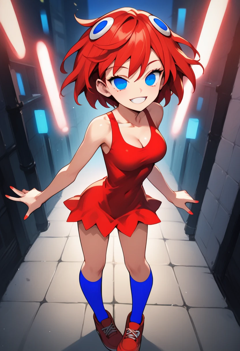 BlinkySDXL, blue eyes,short hair,breasts,dress,red hair, red dress,short dress,shoes, red shoes,cleavage,sleeveless dress,socks,blue socks,solo, slim,(multiple eyes),short dress,[hair ornaments],city, neon lights, standing,smile,