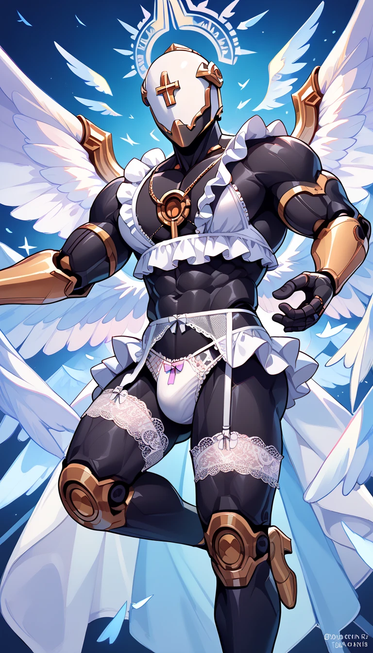 1 person, (((muscle male wearing a white frill lingerie)))、(((black body))), (muscle male), (((gabriel, wings, angel, angelic, robot, helmet))), masterpiece, best quality, white lace knee-high stockings, Lace garter belt, bra, Anime Style ,((white cute panty)), (((black body))), dynamic pose