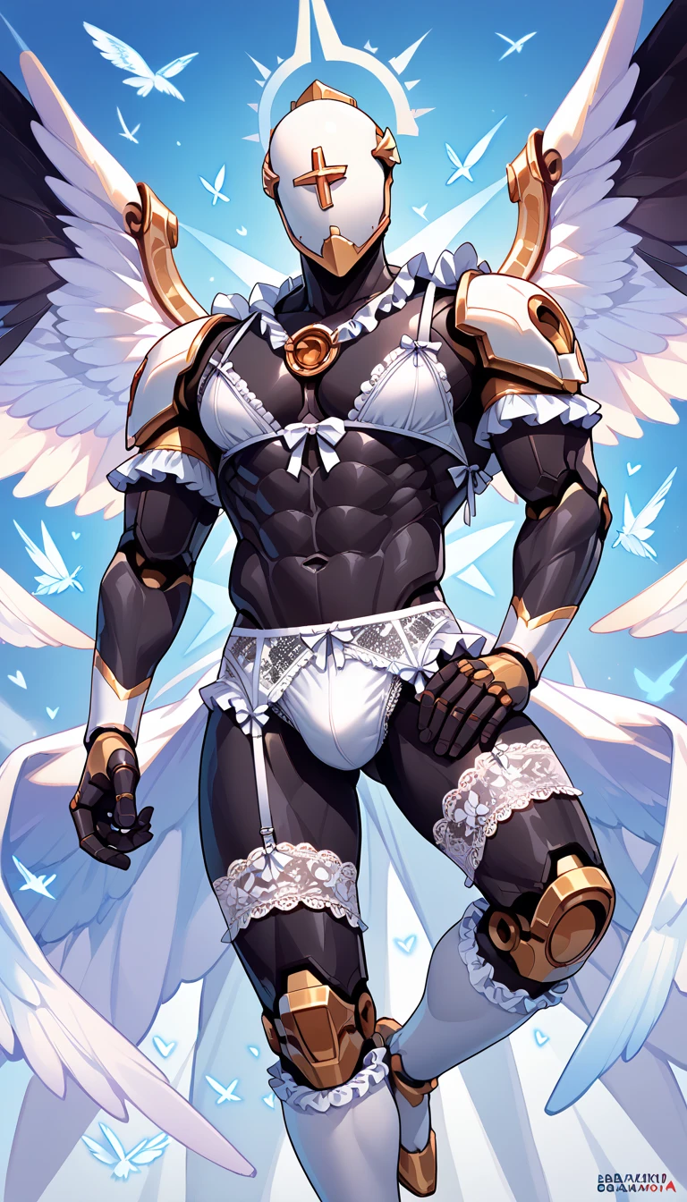 1 person, (((muscle male wearing a white frill lingerie)))、(((black body))), (muscle male), (((gabriel, wings, angel, angelic, robot, helmet))), masterpiece, best quality, white lace knee-high stockings, Lace garter belt, bra, Anime Style ,((white cute panty)), (((black body))), dynamic pose