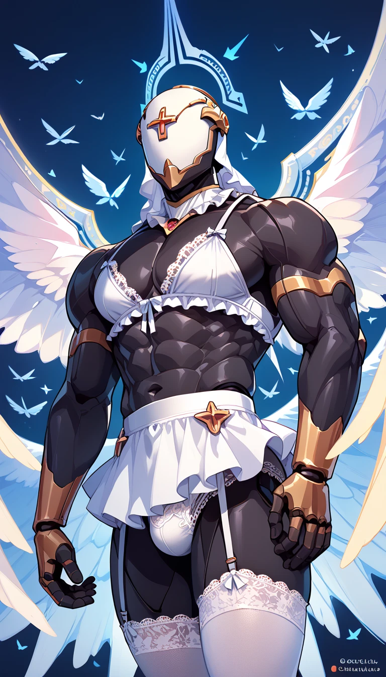 1 person, (((muscle male wearing a white frill lingerie)))、(((black body))), (muscle male), (((gabriel, wings, angel, angelic, robot, helmet))), masterpiece, best quality, white lace knee-high stockings, Lace garter belt, bra, Anime Style ,((white cute panty)), (((black body))), dynamic pose