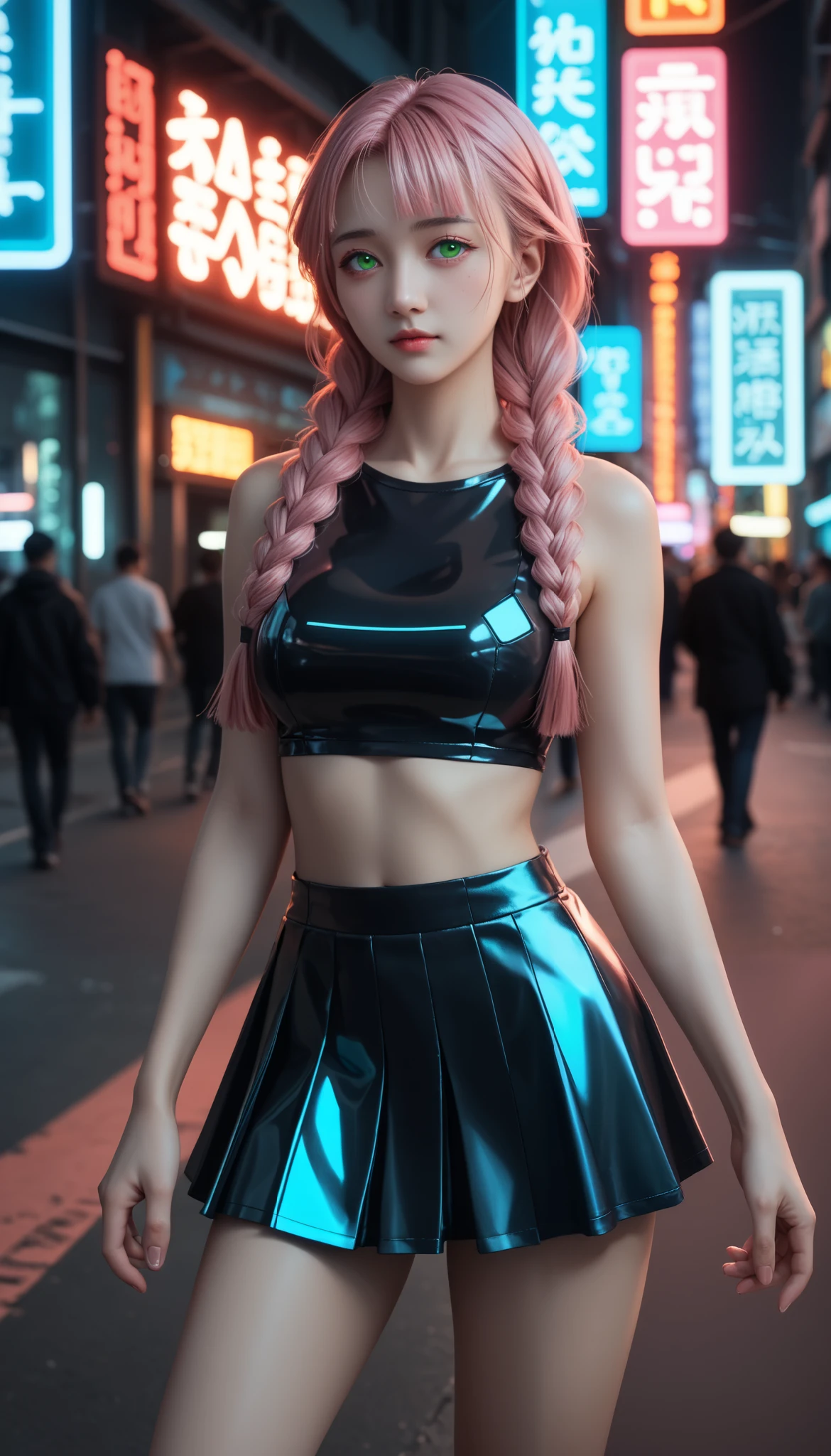 A pretty girl , Japanese , with healthy appearance , The expression would be , Bold pose, detailed embroidery , high quality, 8k, realistic photo , dramatic lighting , vivid colors ,( masterpiece , top quality , :1.2), ( cyberpunk urban scene illuminated by neon lights ), (Alone:1.4), ( Elegant and cool ), Bright neon details :1.3), ( sexy expression :1.1) , Confident and relaxed poses :1.3), holographic clothing for outdoor use , ( dynamic lighting , Mitsuri Kanroji is a young woman with bright green eyes, She has long pink hair mixed with neon green paint , wearing three thick braids and five shorter locks falling over her nose like fringes. Big breasts , full body photo , sexy full body clothes , tight clothes, short skirt,.